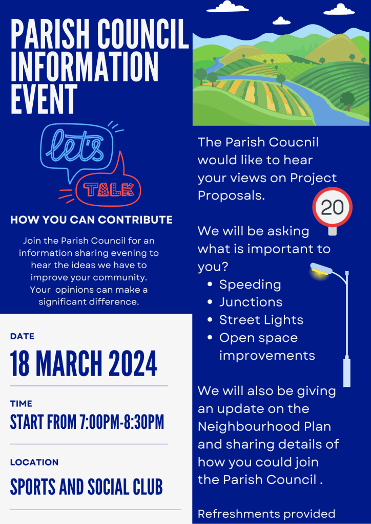 Poster advertising the Parish Council Information Event on 18 March 2024