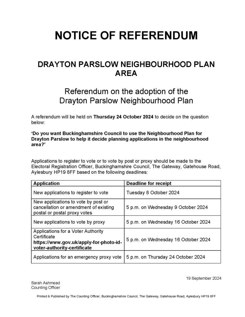 Notice of referendum for the Drayton Parslow Neighbourhood PLan on 24 October 2024